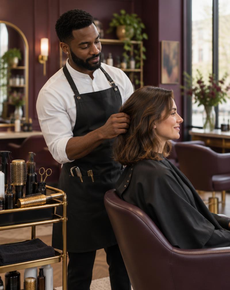 A male hairstylist styling a female client's hair in a warm salon