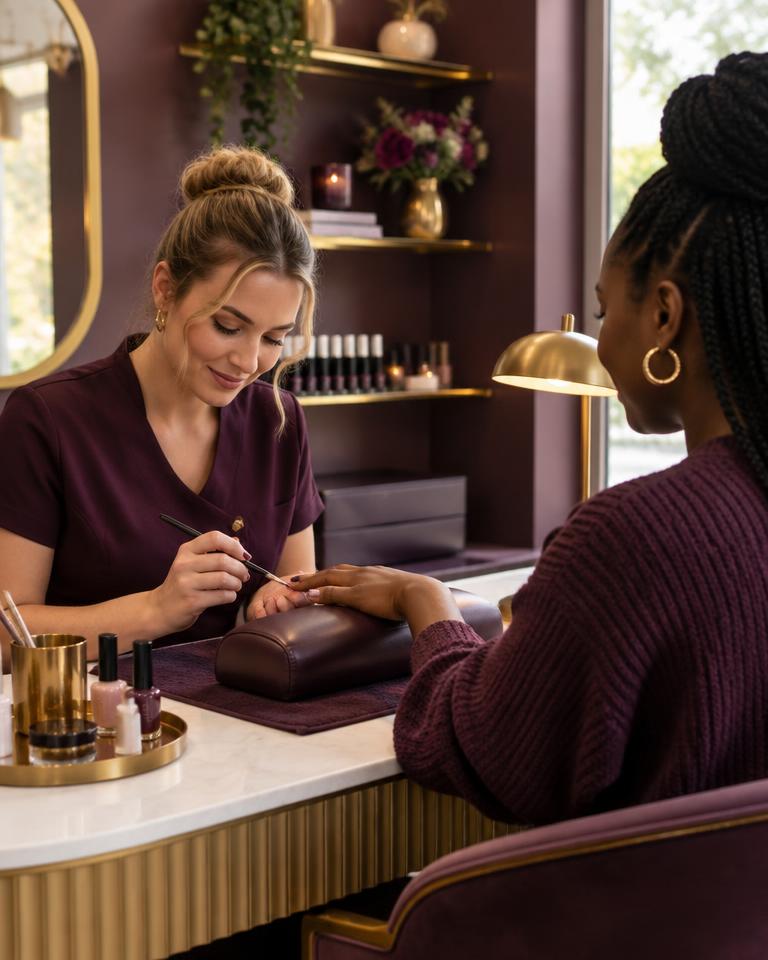 A nail technician giving a manicure to a client at a marble station