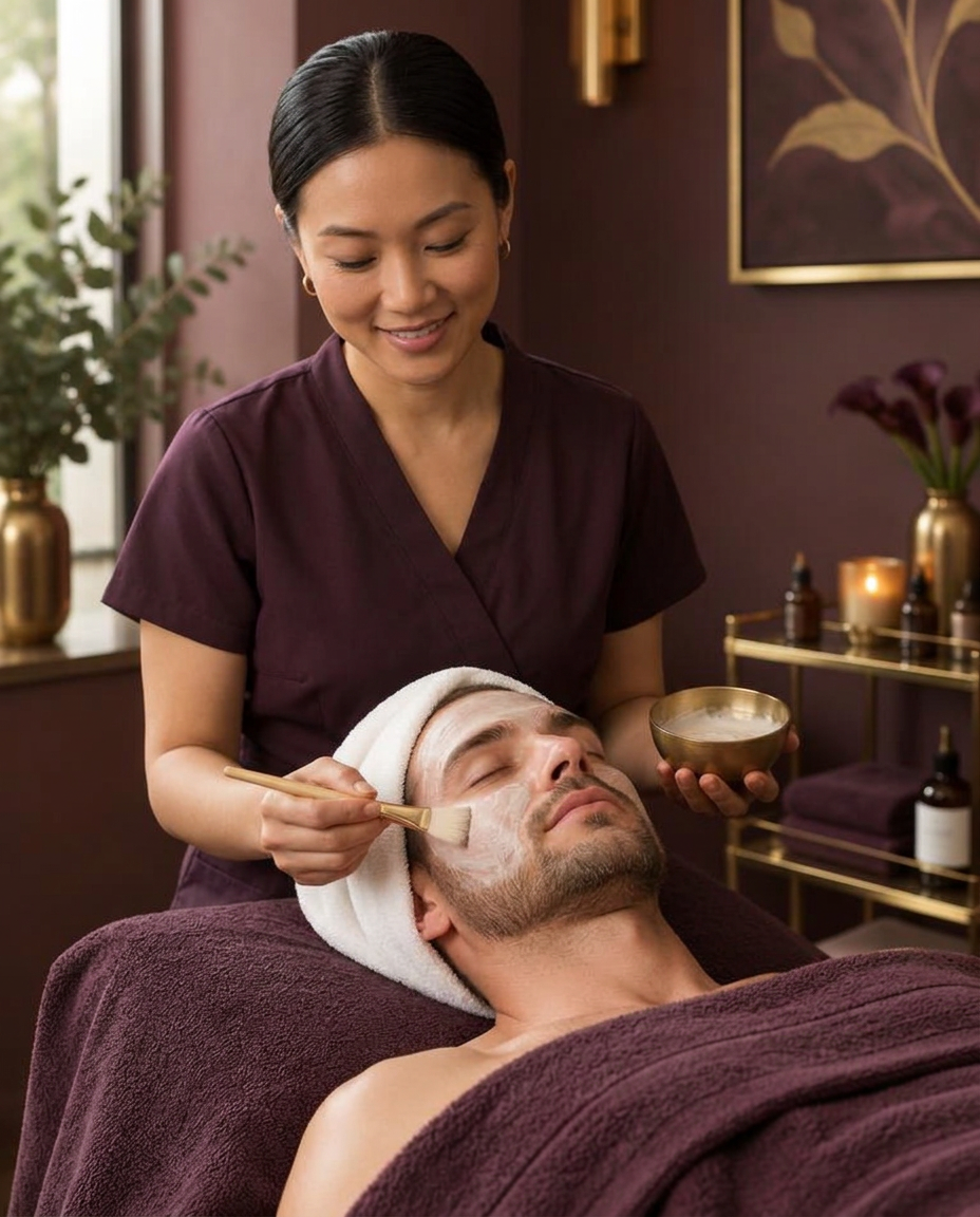 An esthetician giving a facial to a client resting with a towel around her hair